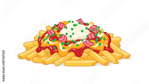 Vibrant digital graphic showcasing a delightful pile of crispy golden french fries generously covered with melted cheese savory bacon tangy ketchup