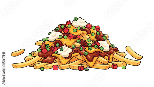 Delicious cartoon depiction of hearty golden french fries loaded with savory chili cheese and fresh vibrant garnishes an ideal comfort food item for