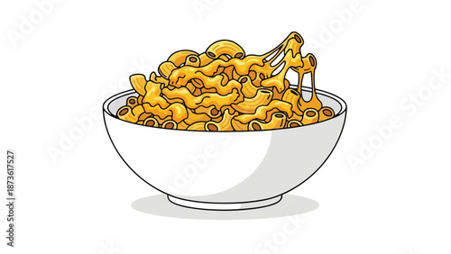 Vibrant vector art of macaroni and cheese, golden pasta drenched in creamy, stretchy melted sauce, served in a white bowl, symbolizing comfort food
