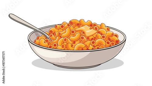A cheerful illustration depicting a bowl filled with golden elbow macaroni bathed in creamy cheddar sauce alongside a silver spoon, representing