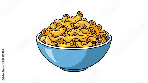 A vibrant cartoon illustration of classic macaroni and cheese in a blue bowl, depicting a simple, comforting, and tasty meal