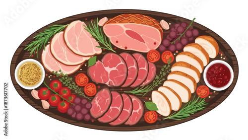 Gourmet charcuterie board with roasted meats, cured ham, fresh herbs, grapes, and flavorful sauces