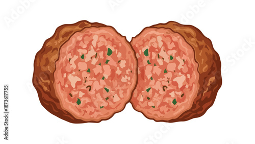 Close-up illustration of a perfectly cut savory seasoned meatball revealing its flavorful interior with herbs