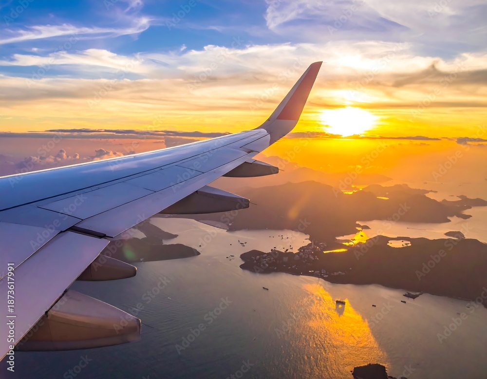Obraz premium Aerial view of an airplane wing against sunset, over coastal waters