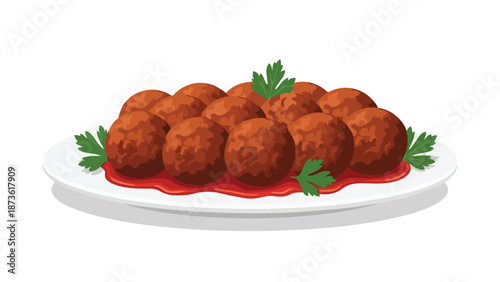 Stylized image of tasty meatballs drenched in savory red sauce with vibrant green parsley on a white plate.
