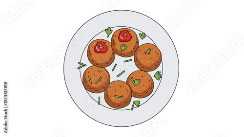 Appetizing plate of six savory meatball-like portions, artistically adorned with fresh green herbs and a touch of piquant red sauce, perfect for a