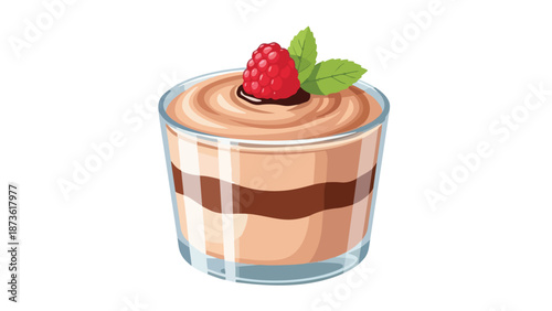 Delightful layered dessert in a glass with a vibrant raspberry and fresh mint garnish