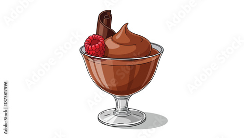 A delicious chocolate mousse dessert artwork served in a glass with a fresh raspberry and a chocolate curl visually embodying sweet indulgence and