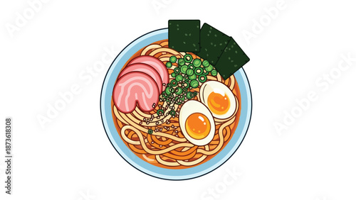 Classic Japanese ramen bowl vector art with noodles, chashu pork, eggs, green onions, and nori