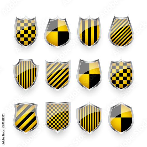Glossy shields with yellow and black pattern. Security and protection concept. Cyber safety icons, internet privacy, web defense, digital data protection and antivirus themes. Vector illustration