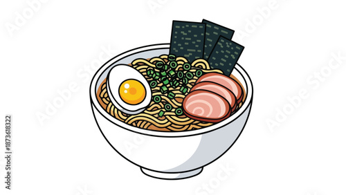 Authentic Japanese Ramen Bowl with Noodles Egg Pork and Seaweed perfectly illustrated for food blogs and menus a delightful culinary graphic