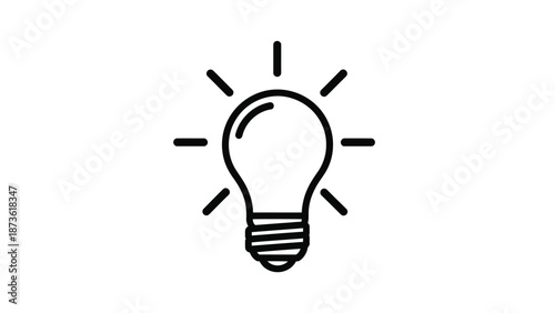 A simple line art drawing of a glowing light bulb radiates energy lines symbolizing creativity, innovation, and a bright new idea.