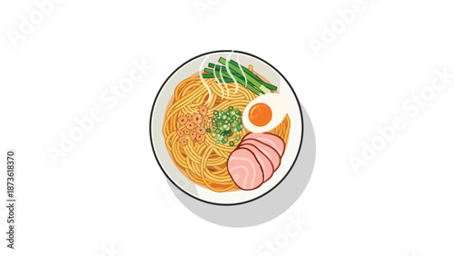 A beautifully rendered vector illustration of an enticing Japanese ramen bowl, featuring expertly crafted noodles, tender pork, a perfectly cooked