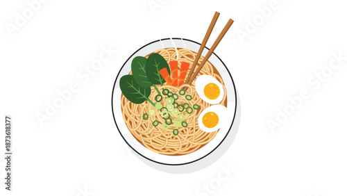 Vector graphic of a ramen bowl, showing noodles, two egg halves, spinach leaves, and green onions. Chopsticks are present. A simple, appealing food