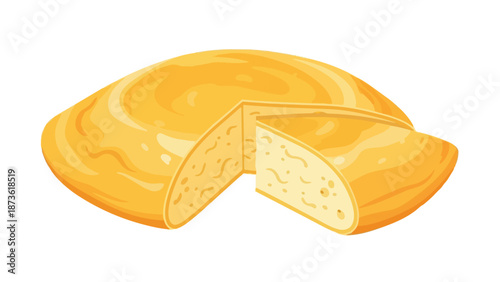 Delicious golden yellow cheese illustration with a triangular slice removed, showcasing its crumbly texture for culinary designs and dairy concepts