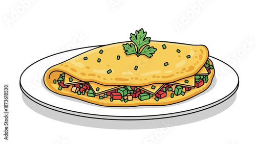 Vibrant golden omelet with colorful vegetables cheese and fresh herbs on a white plate perfect for breakfast