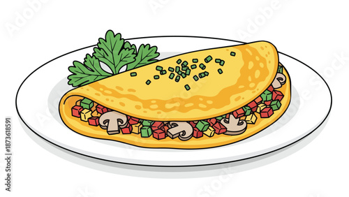 illustrated omelet with colorful diced bell peppers mushrooms chives and parsley on a clean white plate perfect for a simple wholesome morning