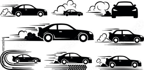 Black silhouette sports car speeding with motion lines and smoke trail vector set for fast driving concept