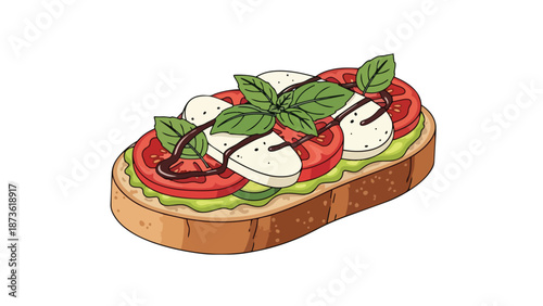 Fresh gourmet toast featuring vibrant sliced tomatoes creamy mozzarella cheese verdant basil leaves and a rich balsamic glaze for a perfect healthy