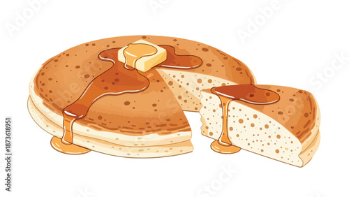 Delicious golden stack of fluffy pancakes with melting butter and sweet syrup illustration vibrant breakfast treat