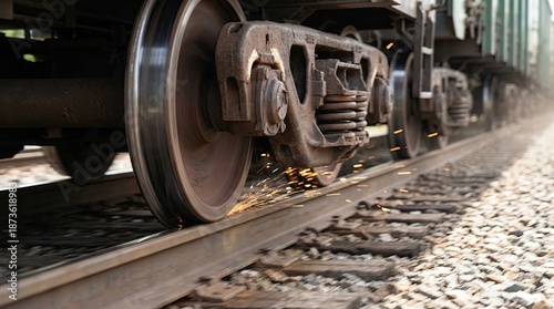 Action Shot of Train Wheels Sparking on Tracks, Industrial Setting, Close-Up Photography