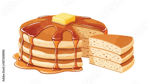 Delicious golden pancakes generously topped with rich amber syrup and a melting pat of butter, an inviting breakfast illustration ready for your