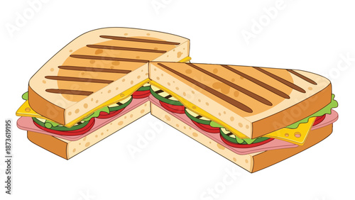 A vibrant cartoon illustration of a perfectly grilled sandwich sliced diagonally revealing enticing layers of ham cheese crisp lettuce and toasted