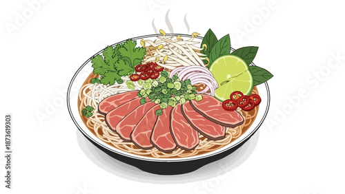 Artistic illustration of a comforting, aromatic Vietnamese beef noodle soup with fresh ingredients