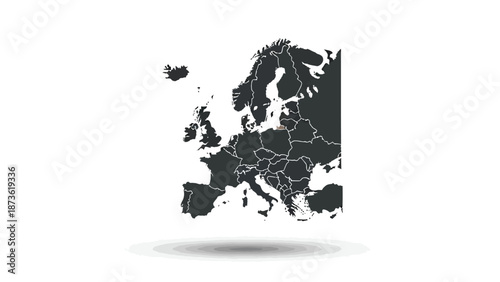 Small, dark three-dimensional map icon of Europe floats above a white surface casting a subtle shadow for design emphasis.