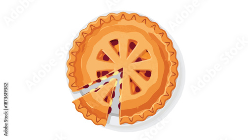 Delicious vector dessert pie with golden lattice crust and visible berry filling. Two cut slices sit next to the main pastry on a white dish, ready