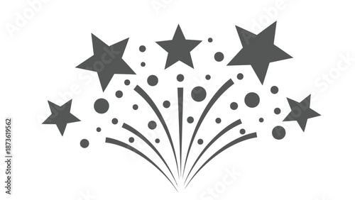 Stylized monochrome fireworks burst upwards featuring various sized stars and circular elements symbolizing celebration or achievement.
