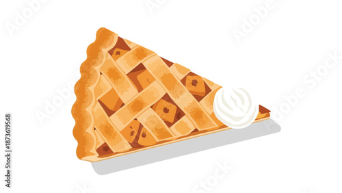 Delicious golden baked dessert slice with a lattice top crust and a perfect scoop of fresh whipped cream, ideal for sweet treat illustrations on