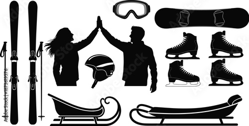 Black silhouette set of winter sports equipment with skis, skates, sled, snowboard, and happy couple high five for mountain vacation.