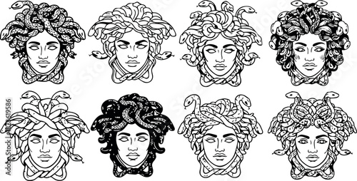Medusa heads with different hair styles mythological monster vector art set illustration