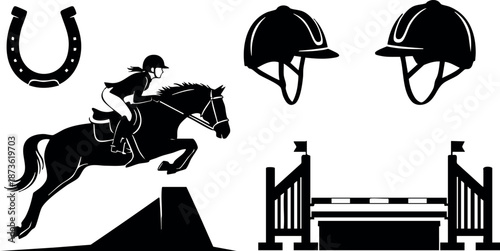 Equestrian horse jumping with helmet horseshoe and obstacle vector set for horse riding sports and competition illustration