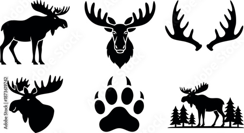 Moose silhouette set with antlers and paw prints in black vector design for wildlife and nature themes