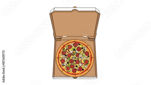 An overhead view of a freshly made supreme pizza in a cardboard delivery box with the lid open showcasing delicious toppings perfect for a meal