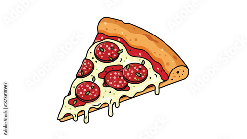 A delectable cartoon pizza slice illustration, featuring oozing melted cheese, savory tomato sauce, and classic pepperoni, on a golden crust,