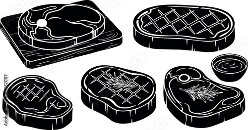 Various steak cuts on cutting boards with sauce bowl vector illustration in black and white style