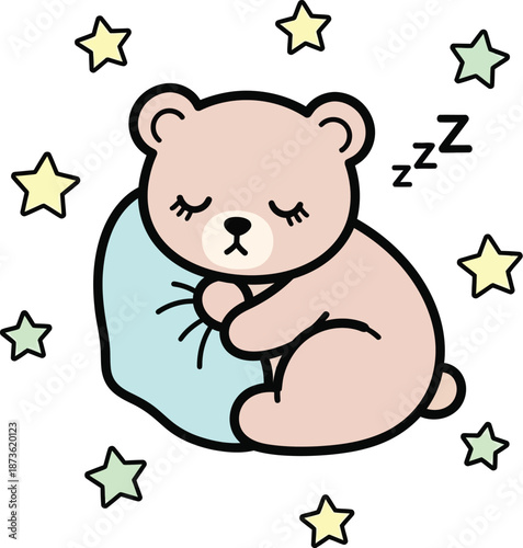 Sleeping Cartoon Bear with Pillow and Stars.