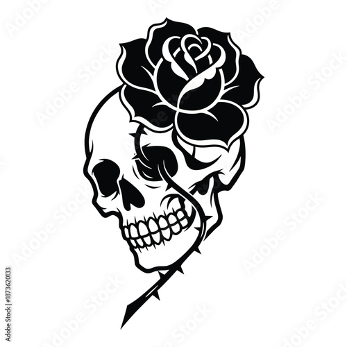 Skull with Rose and Thorns Illustration.