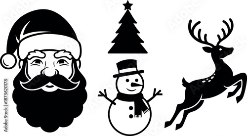Santa Claus face snowman and reindeer black silhouette Christmas holiday icons vector illustration