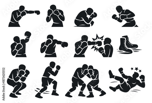 Graphic boxing figures set featuring boxers in various action poses, combat scenes, and boxing boots for sports and fitness design
