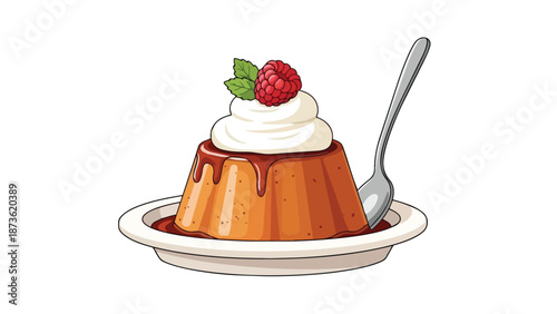 Delectable caramel flan dessert featuring a generous topping of fluffy whipped cream, a vibrant raspberry, and fresh mint, served with a spoon on a