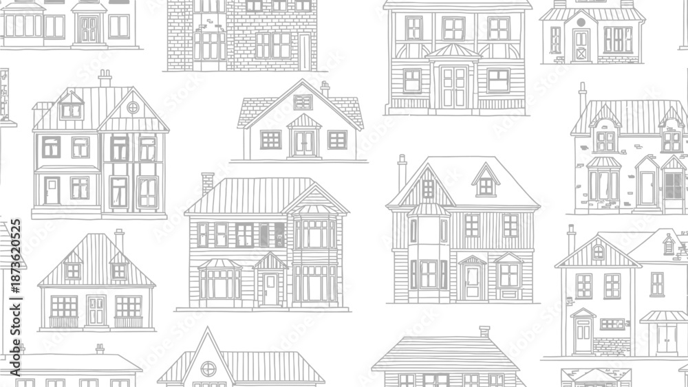 Obraz premium Seamless pattern displays various charming, detailed line drawings of traditional and Victorian-style residential houses creating a repeating background texture.