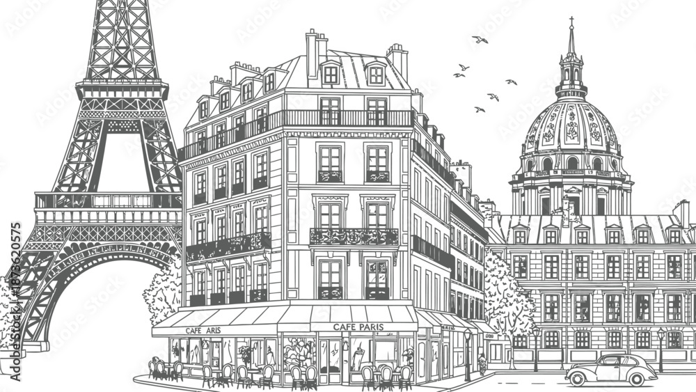 Fototapeta premium Detailed black and white line drawing depicts a classic Parisian street scene featuring the Eiffel Tower and Les Invalides dome.