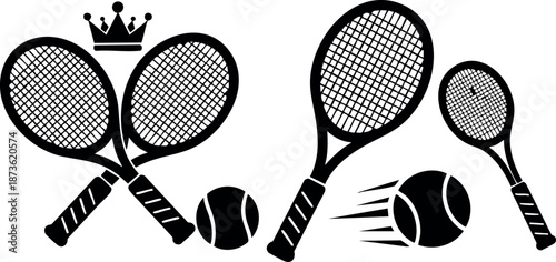 Tennis rackets and balls with crown symbol in black and white vector design for sports and game themes