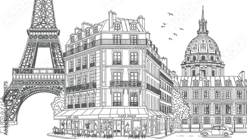 Detailed black and white line drawing depicts a classic Parisian street scene featuring the Eiffel Tower and Les Invalides dome.