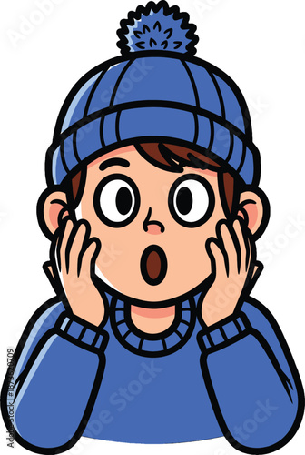 Surprised Cartoon Boy Wearing Blue Winter Hat.