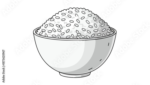 A wholesome serving of freshly prepared, fluffy white rice elegantly presented in a simple ceramic bowl, depicting essential sustenance and culinary